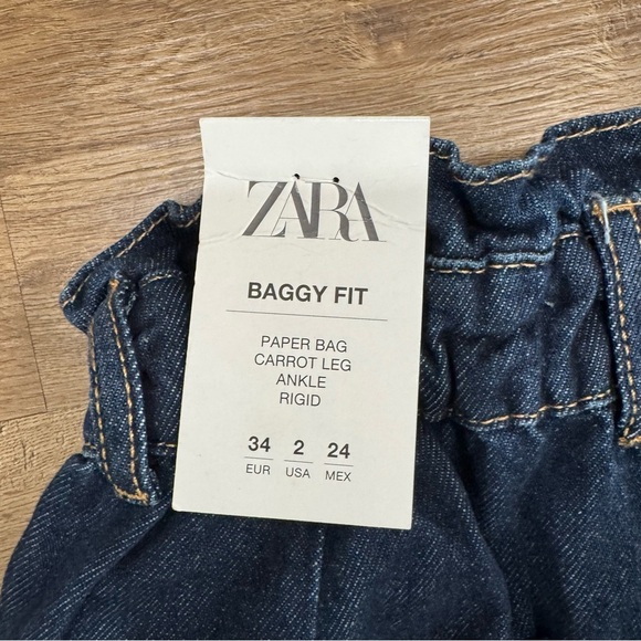Zara High Waisted Baggy Fit Paper Bag Carrot Leg‎ Ankle Jeans Dark Wash Sz 2 NEW - Picture 7 of 9